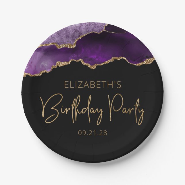 Chic Agate Purple Gold Any Year Birthday Party Paper Plate (Front)