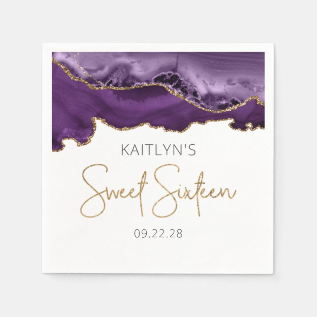 Chic Agate Purple Gold Sweet 16 Birthday Napkin (Front)