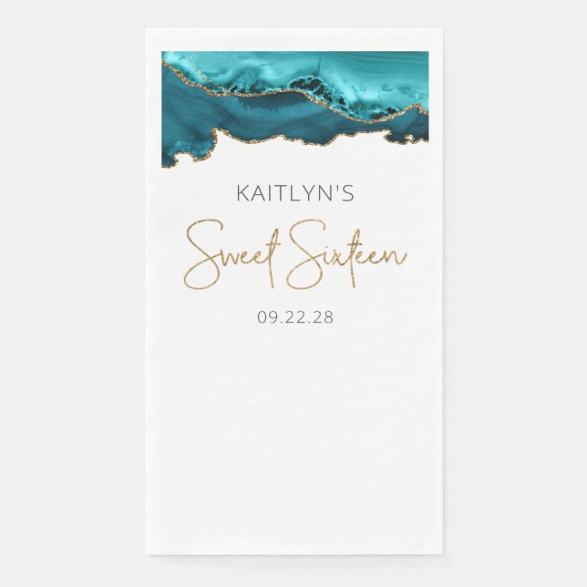 Chic Agate Teal Blue Gold Sweet Sixteen Napkin (Front)