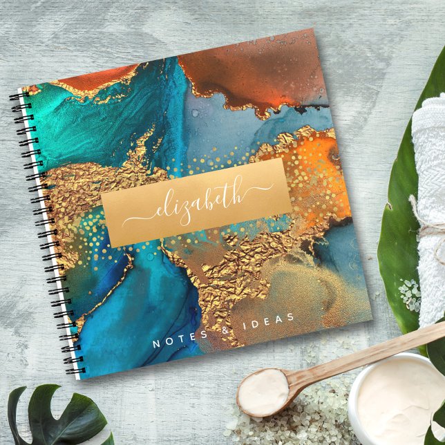 Chic agate watercolor glam gold turquoise square notebook (Creator Uploaded)