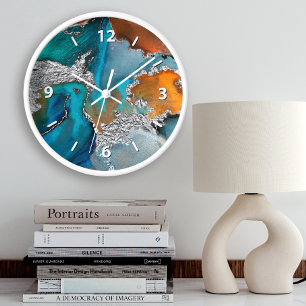 Chic agate watercolor silver turquoise orange large clock