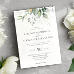Chic airy greenery eucalyptus leaf gold wedding invitation<br><div class="desc">Create the perfect modern wedding suite with this elegant invitation card design presenting a chic botanical design that features a classy bouquet of light and airy watercolor greenery and eucalyptus leaves complemented with glittery golden speckles (printed) over a delicate light dusty green watercolor background. This invitation is part of the...</div>