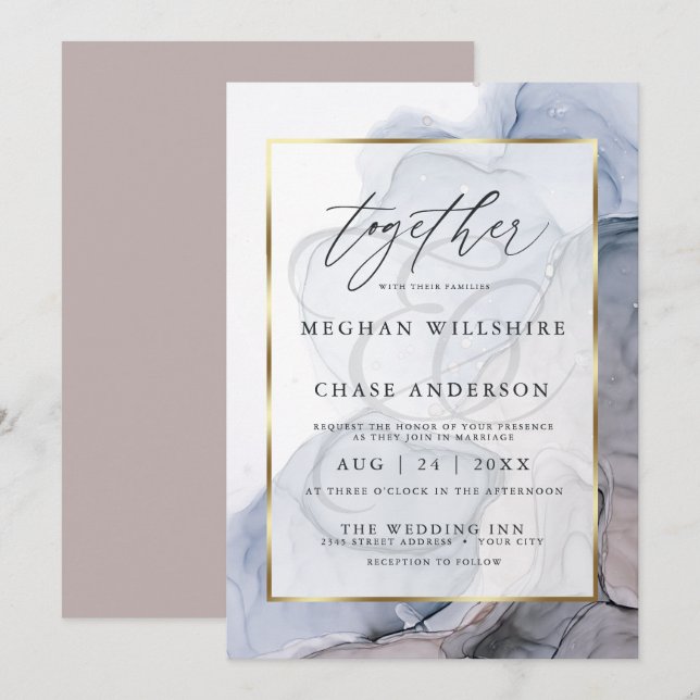 Chic Alcohol Ink Wedding Dusty Blue  Invitation (Front/Back)