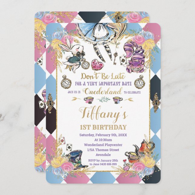 Chic Alice in Wonderland 1st Birthday Tea Party Invitation (Front/Back)