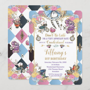 Chic Alice in Wonderland 1st Birthday Tea Party Invitation