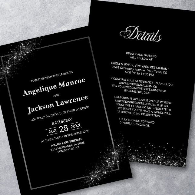 Chic All In One Black Glitter Wedding Invitation (Creator Uploaded)