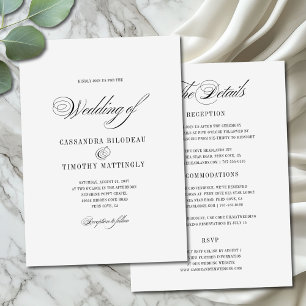 Chic All-In-One Black White Script Budget Wedding Invitation