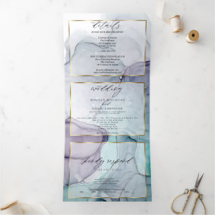 Chic Amethyst Teal Abstract Ink Tri-Fold Invitati
