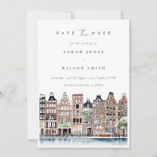 Chic Amsterdam Dutch Canal Watercolor Landscape Save The Date
