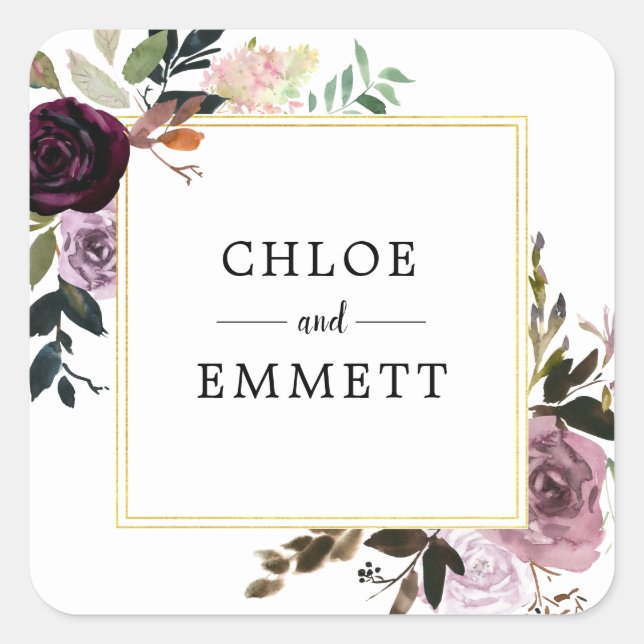 Chic and Elegant Custom Purple Floral Wedding Square Sticker (Front)