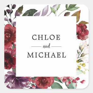 Chic and Elegant Custom Red Floral Wedding Square Sticker