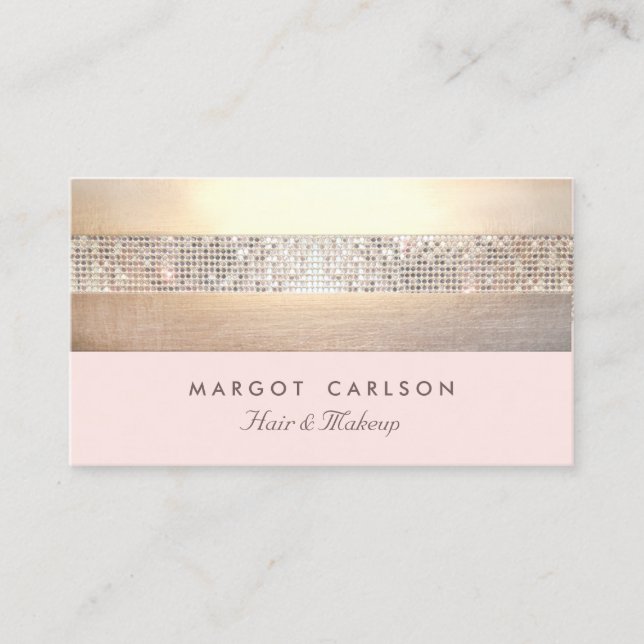 Chic and Elegant Sequin Gold Light Pink Striped Business Card (Front)