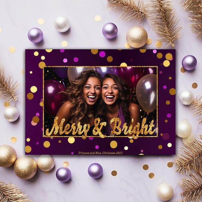 Chic and Festive Purple and Gold Confetti Photo  Holiday Card (Festive Purple Gold Greeting, Personalized Holiday Photo Card, Elegant Christmas Stationery Luxury, )