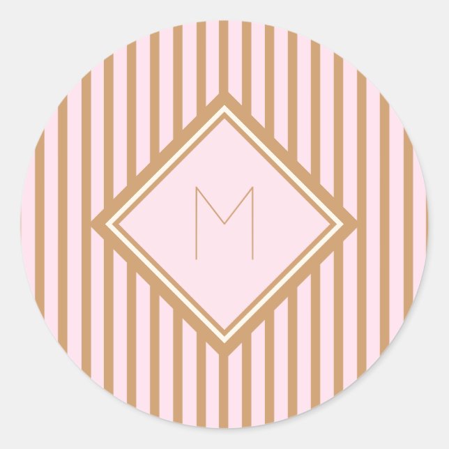 Chic and Glam Pink and Gold Stripes Monogram Classic Round Sticker (Front)