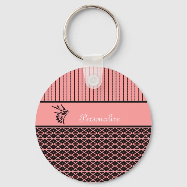Chic and Stylish Pink and Brown Stripes With Name Key Ring (Front)