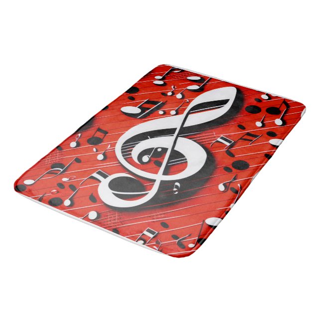 Chic and Trendy Red White and Black Clef Notes  Bath Mat (Angled)
