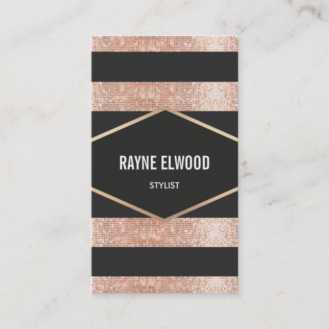 Chic and Trendy Striped Black and Copper Sequins Business Card (Front)