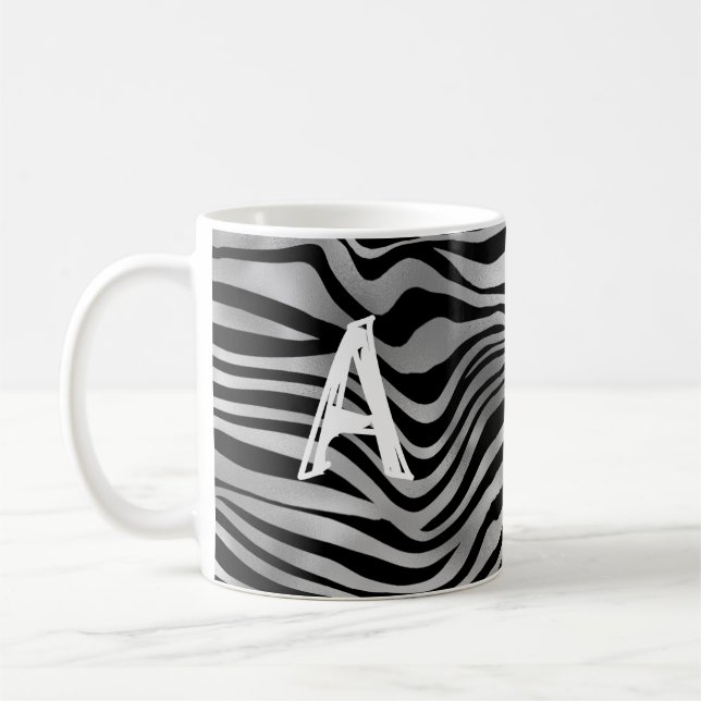Chic Animal Print Black Grey Tiger Stripe Monogram Coffee Mug (Left)