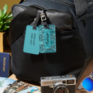 Chic animal print in blue - feathers and glitter,  luggage tag