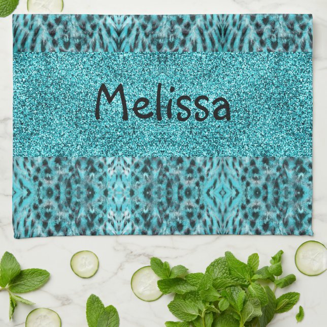Chic animal print in blue - feathers and glitter  tea towel (Folded)