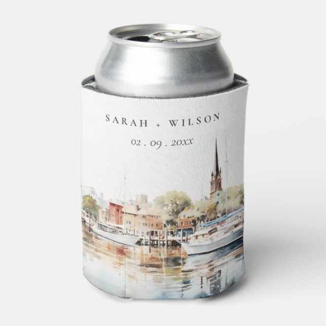 Chic Annapolis Maryland Watercolor Wedding Can Cooler (Can Front)