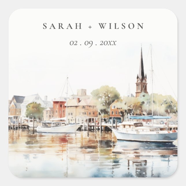 Chic Annapolis Maryland Watercolor Wedding Square Sticker (Front)