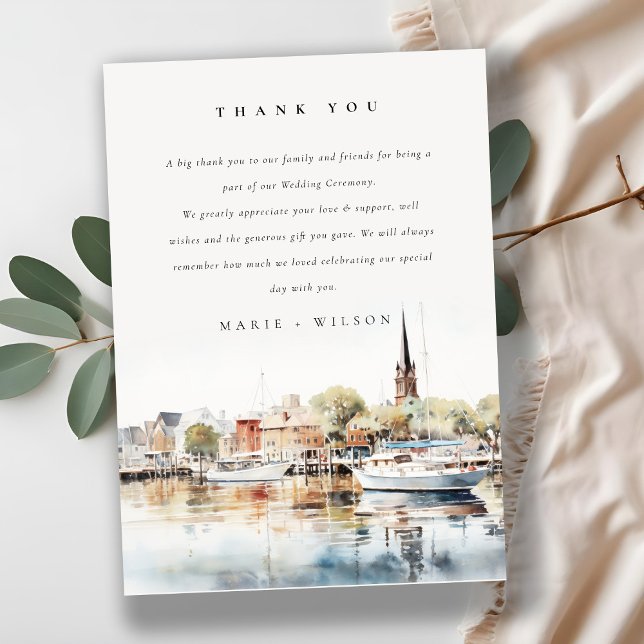 Chic Annapolis Maryland Watercolor Wedding Thank You Card (Creator Uploaded)