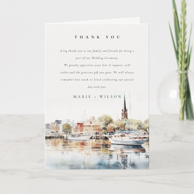 Chic Annapolis Maryland Watercolor Wedding Thank You Card (Front)