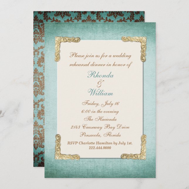 Chic Antique Aqua & Gold Wedding Rehearsal Dinner Invitation (Front/Back)