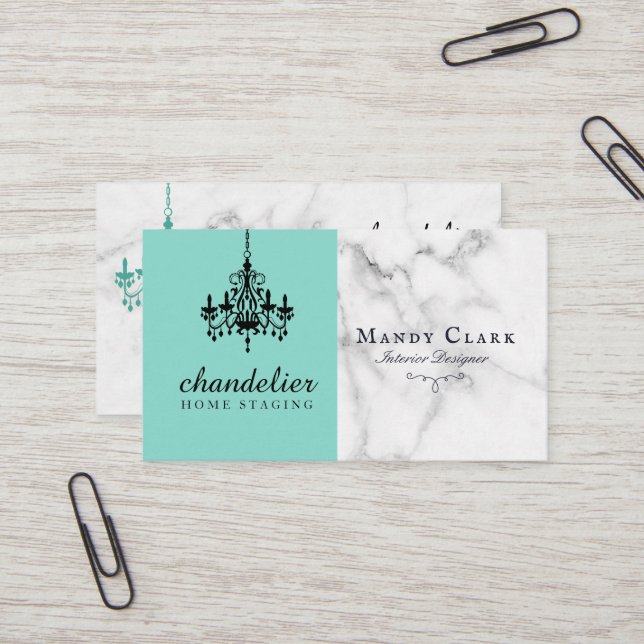 Chic Antique Black Chandelier Marble Business Card (Front/Back In Situ)
