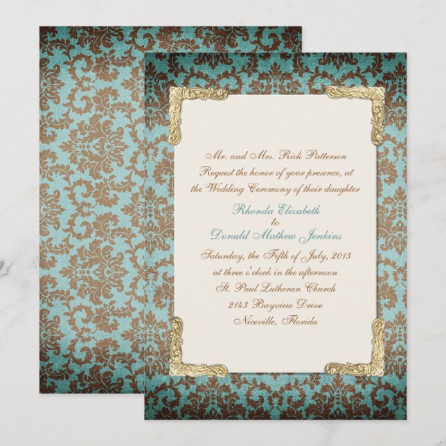 Chic Antique French Damask Wedding Invitation (Front/Back)