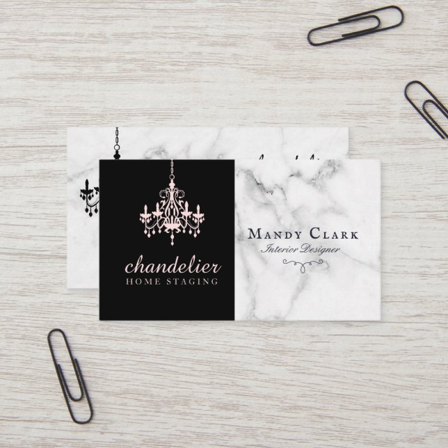 Chic Antique Pink Chandelier Marble Business Card (Front/Back In Situ)