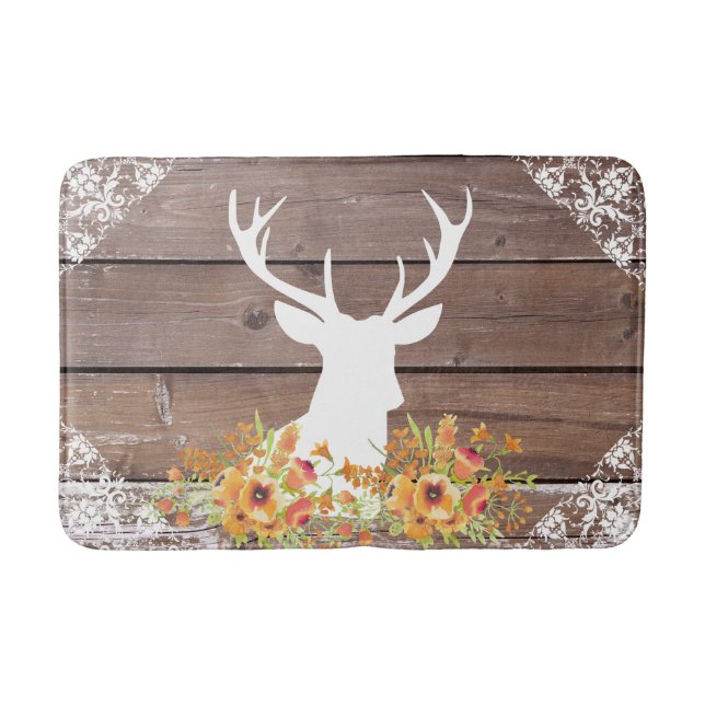 Chic Antique Rustic Barn Wood Deer Antlers Bath Mat (Front)
