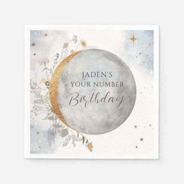 Chic Any Birthday Number, Celestial Moon and Stars Napkin (Front)