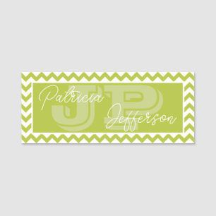 Chic Apple Green Chevron Pattern: Elegant Monogram Name Tag