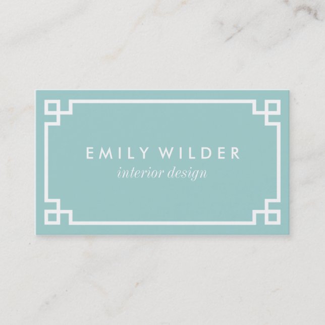 Chic Aqua and White Greek Key Business Card (Front)