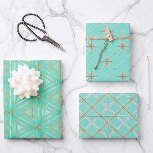 Chic Aqua Blue and Gold Geometric Wrapping Paper Sheet