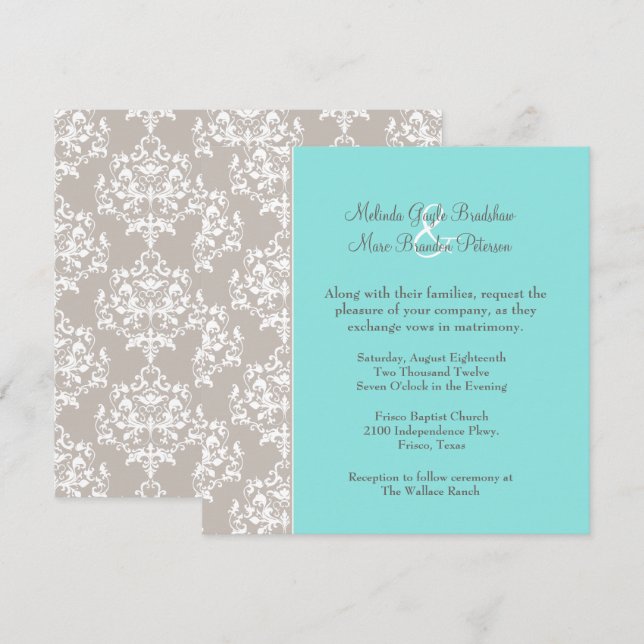 Chic Aqua Blue and Taupe Damask Wedding Invitation (Front/Back)