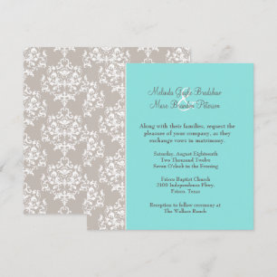 Chic Aqua Blue and Taupe Damask Wedding Invitation