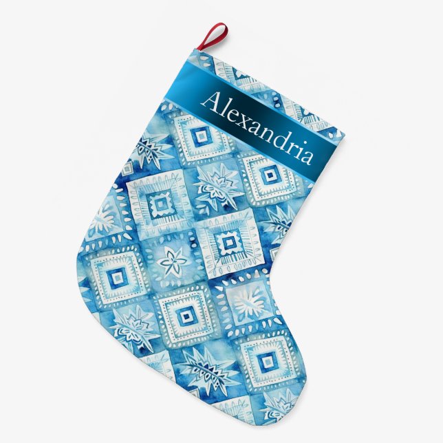 Chic Aqua Blue Batik Floral Christmas Name Large Christmas Stocking (Front (Hanging))