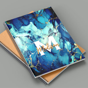 chic aqua blue marble faux gold glitter monogram notebook