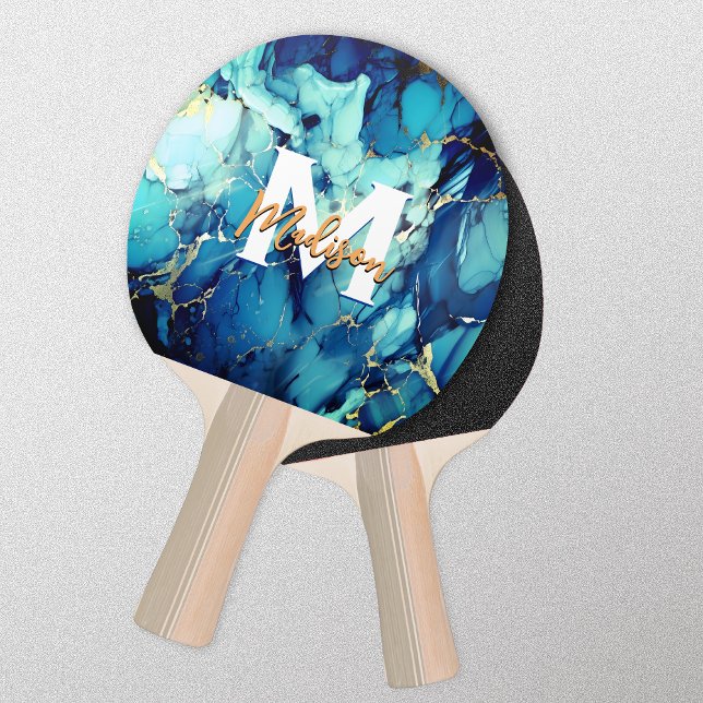 chic aqua blue marble faux gold glitter monogram ping pong paddle (Creator Uploaded)