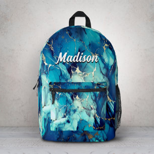 chic aqua blue marble faux gold glitter monogram printed backpack