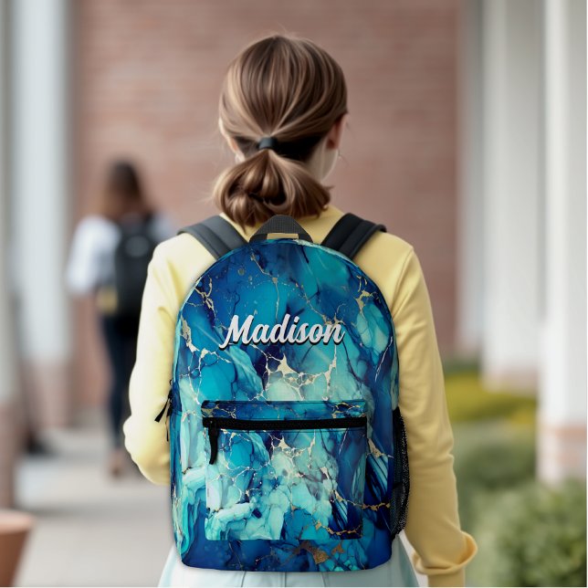 chic aqua blue marble faux gold glitter monogram  printed backpack (Creator Uploaded)