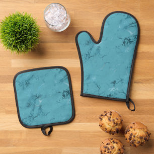 Chic Aqua Blue Marble Wedding Oven Mitt & Pot Holder Set