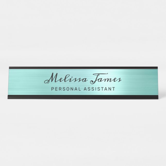 Chic Aqua Brushed Metal Black Script Desk Name Plate (Front)