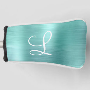 Chic Aqua Brushed Metal White Monogram Golf Head Cover