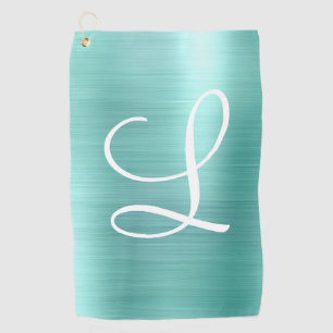 Chic Aqua Brushed Metal White Monogram Golf Towel