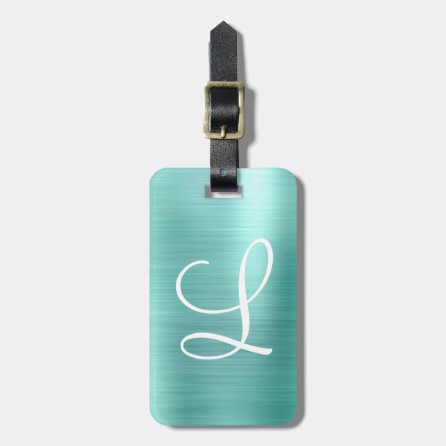 Chic Aqua Brushed Metal White Monogram Luggage Tag (Front Vertical)