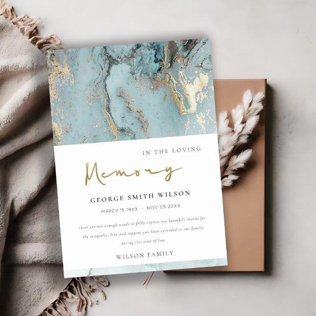 CHIC AQUA DUSKY BLUE GOLD AGATE SYMPATHY MEMORIAL THANK YOU CARD (Creator Uploaded)